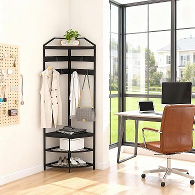 Danolapsi Corner Coat Rack with Storage, Coat Rack Freestanding with Mesh Shelves