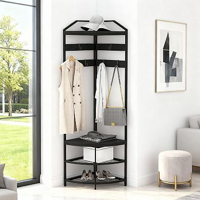 Danolapsi Corner Coat Rack with Storage, Coat Rack Freestanding with Mesh Shelves
