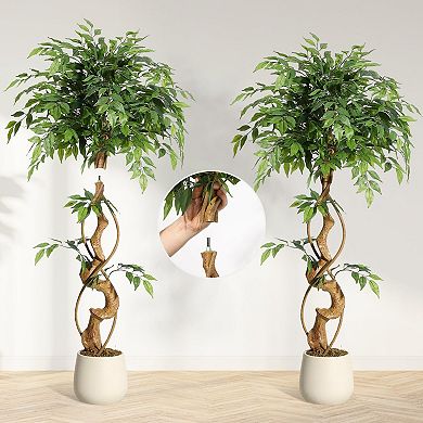 Artificial Ficus Tree, Realistic Silk Plant in White Pot, Indoor Decor for Home Office