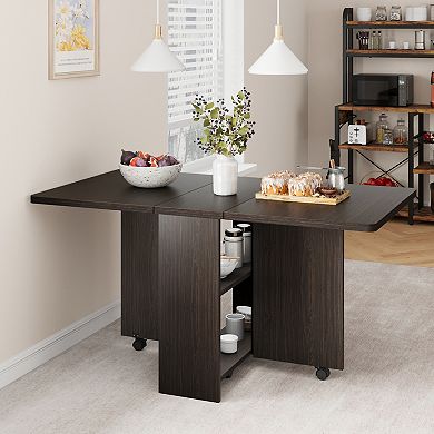 Space Saving Folding Dining Table with 2 Tier Storage-Extendable Drop Leaf
