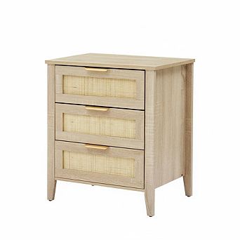 Rattan Nightstand with 3 Drawers, Modern Wooden Bedside Table with Solid Wood Legs