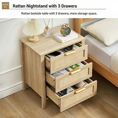 Rattan Nightstand with 3 Drawers, Modern Wooden Bedside Table with Solid Wood Legs