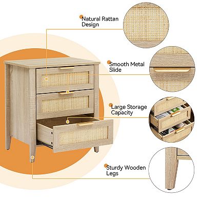 Rattan Nightstand with 3 Drawers, Modern Wooden Bedside Table with Solid Wood Legs