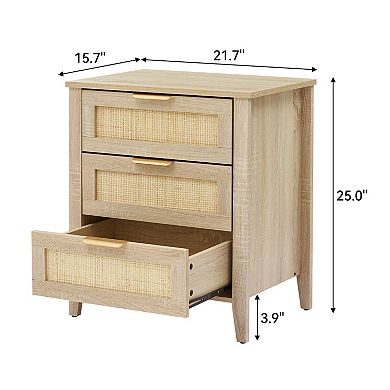 Rattan Nightstand with 3 Drawers, Modern Wooden Bedside Table with Solid Wood Legs
