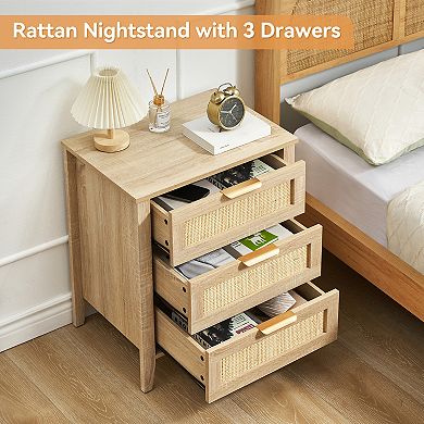Rattan Nightstand with 3 Drawers, Modern Wooden Bedside Table with Solid Wood Legs
