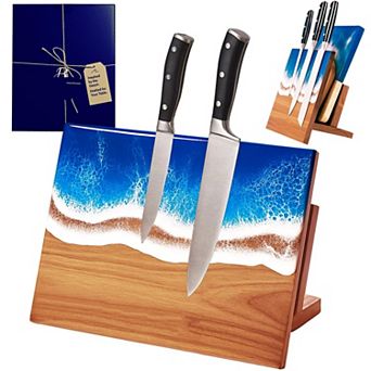 Acacia Wood Freestanding Magnetic Knife Holder with Cutting Board Storage, Kitchen Knife Stand