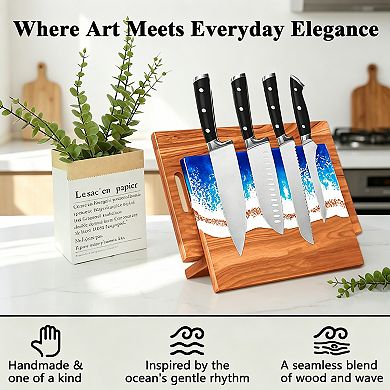 Acacia Wood Freestanding Magnetic Knife Holder with Cutting Board Storage, Kitchen Knife Stand