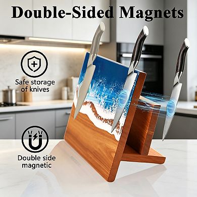 Acacia Wood Freestanding Magnetic Knife Holder with Cutting Board Storage, Kitchen Knife Stand