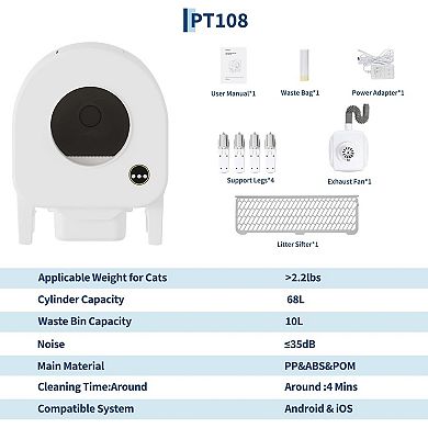 Self-Cleaning Cat Litter Box, Automatic Smart with Large Capacity, WiFi App Control & Safety Sensors