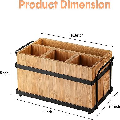 Bamboo Utensil Holder, Wooden Flatware Silverware Caddy, Kitchen Cooking Utensil Organizer