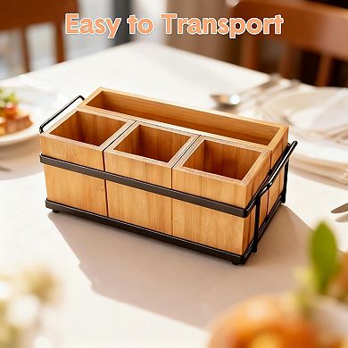 Bamboo Utensil Holder, Wooden Flatware Silverware Caddy, Kitchen Cooking Utensil Organizer