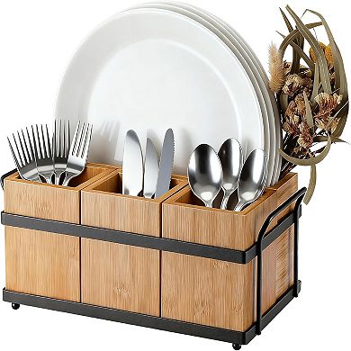 Bamboo Utensil Holder, Wooden Flatware Silverware Caddy, Kitchen Cooking Utensil Organizer