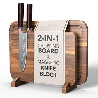 Acacia Wood Magnetic Knife Block with Cutting Board, 2-in-1 Extra Large Kitchen Counter Organizer