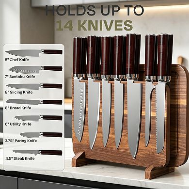 Acacia Wood Magnetic Knife Block with Cutting Board, 2-in-1 Extra Large Kitchen Counter Organizer
