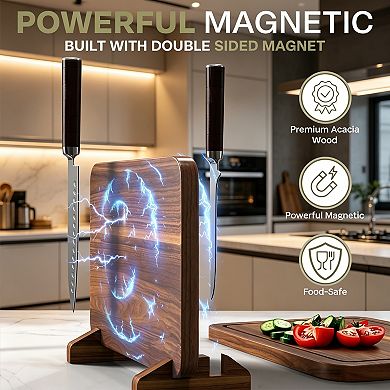 Acacia Wood Magnetic Knife Block with Cutting Board, 2-in-1 Extra Large Kitchen Counter Organizer
