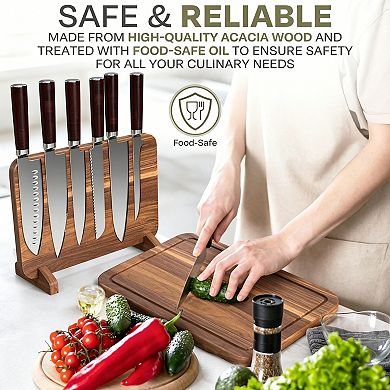Acacia Wood Magnetic Knife Block with Cutting Board, 2-in-1 Extra Large Kitchen Counter Organizer