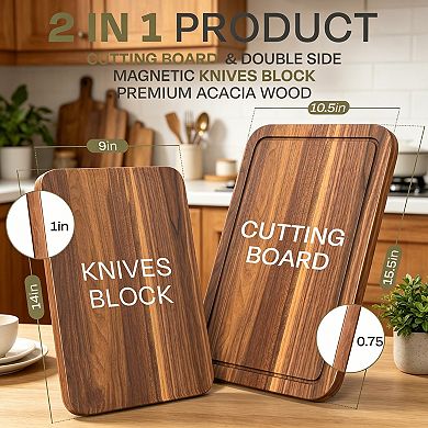 Acacia Wood Magnetic Knife Block with Cutting Board, 2-in-1 Extra Large Kitchen Counter Organizer