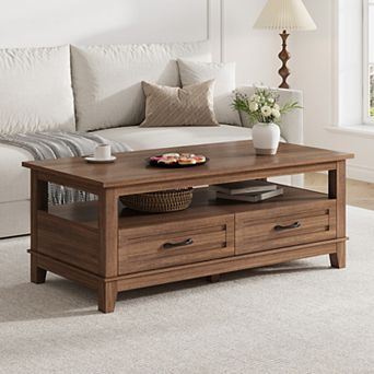 Coffee Table with Drawers - Rustic Wood Center Table with Open Shelf Storage & 6 Support Legs