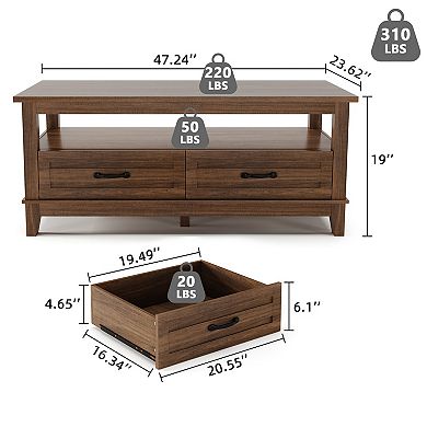 Coffee Table with Drawers - Rustic Wood Center Table with Open Shelf Storage & 6 Support Legs