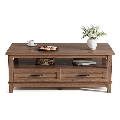 Coffee Table with Drawers - Rustic Wood Center Table with Open Shelf Storage & 6 Support Legs