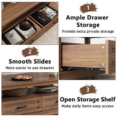 Coffee Table with Drawers - Rustic Wood Center Table with Open Shelf Storage & 6 Support Legs