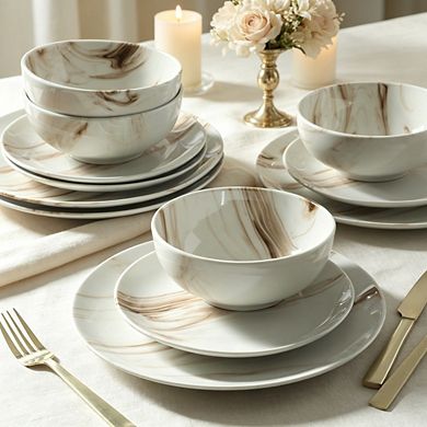 MOEPLSY12-Piece Brown and White Porcelain Dinnerware Set, Decorated Ceramic Plates and Bowls