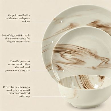 MOEPLSY12-Piece Brown and White Porcelain Dinnerware Set, Decorated Ceramic Plates and Bowls