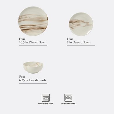 MOEPLSY12-Piece Brown and White Porcelain Dinnerware Set, Decorated Ceramic Plates and Bowls