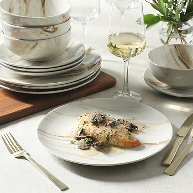MOEPLSY12-Piece Brown and White Porcelain Dinnerware Set, Decorated Ceramic Plates and Bowls
