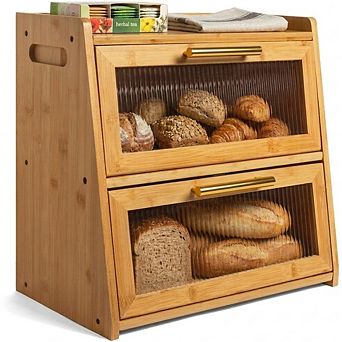 Large 100% Bamboo Bread Box for Kitchen Countertop, Dual-Layer Wooden Bread Box with Acrylic Panels