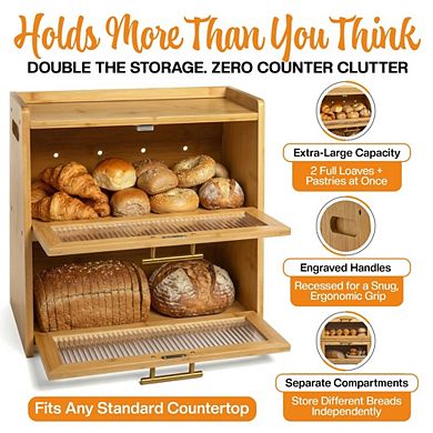 Large 100% Bamboo Bread Box for Kitchen Countertop, Dual-Layer Wooden Bread Box with Acrylic Panels