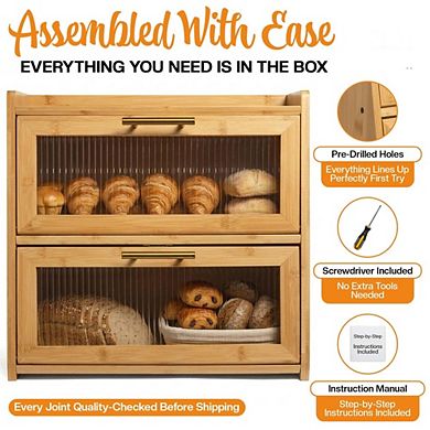 Large 100% Bamboo Bread Box for Kitchen Countertop, Dual-Layer Wooden Bread Box with Acrylic Panels