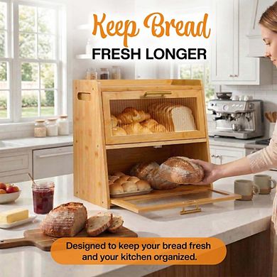 Large 100% Bamboo Bread Box for Kitchen Countertop, Dual-Layer Wooden Bread Box with Acrylic Panels
