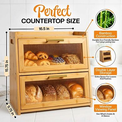 Large 100% Bamboo Bread Box for Kitchen Countertop, Dual-Layer Wooden Bread Box with Acrylic Panels
