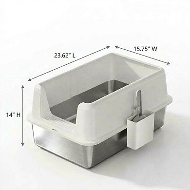 Non-Stick Stainless Steel Litter Box, Splash-Proof & Leak-Proof Large with Lid & Scoop, Easy-Clean