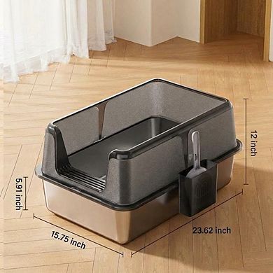 Metal Cat Litter Box, Enclosed Stainless Steel with Lid & Side Filter, Non-Stick, Includes Scoop