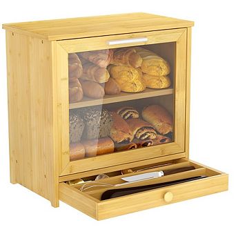 Double Layer 100% Bamboo Bread Box with Drawer & Window, Large Capacity Bread Storage for Kitchen