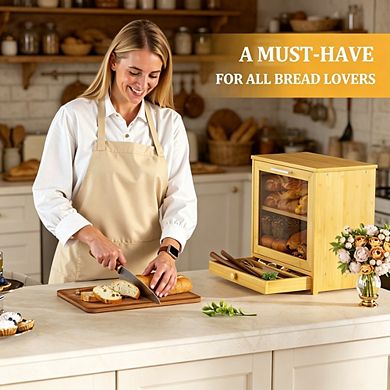 Double Layer 100% Bamboo Bread Box with Drawer & Window, Large Capacity Bread Storage for Kitchen