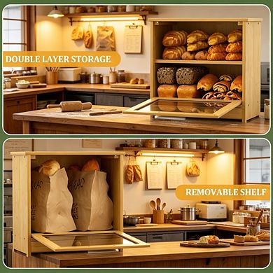Double Layer 100% Bamboo Bread Box with Drawer & Window, Large Capacity Bread Storage for Kitchen