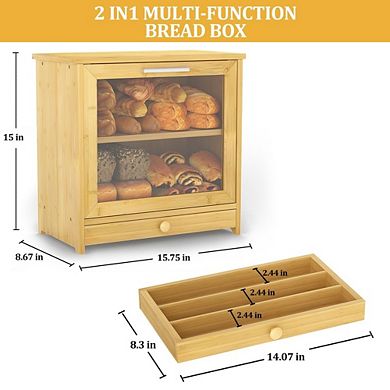 Double Layer 100% Bamboo Bread Box with Drawer & Window, Large Capacity Bread Storage for Kitchen