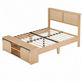 Natural Rattan Bed Frame with Sliding Barn Door Storage Cabinets,Platform With LED Light Headboard