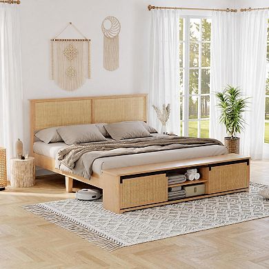 Natural Rattan Bed Frame with Sliding Barn Door Storage Cabinets,Platform With LED Light Headboard