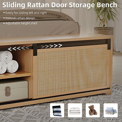 Natural Rattan Bed Frame with Sliding Barn Door Storage Cabinets,Platform With LED Light Headboard