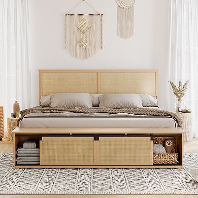 Natural Rattan Bed Frame with Sliding Barn Door Storage Cabinets,Platform With LED Light Headboard