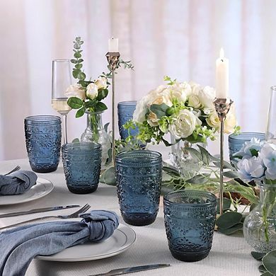 Blue Highball Drinking Glasses Set, Colored Glassware for Water & Cocktails