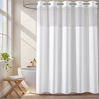 No Hook Fabric Shower Curtain with Sheer Window, Water-Repellent
