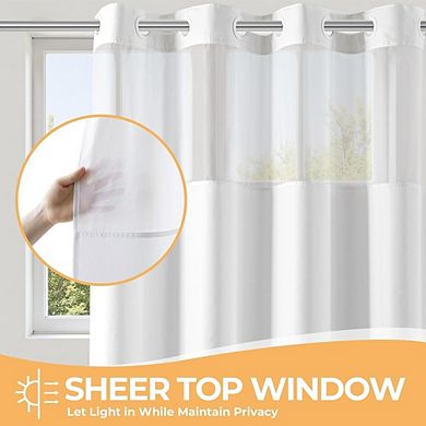 No Hook Fabric Shower Curtain with Sheer Window, Water-Repellent
