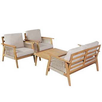 Eazegath 4 pc Outdoor Wood and Rope Conversation Sofa Set with Cushions and Coffee Table