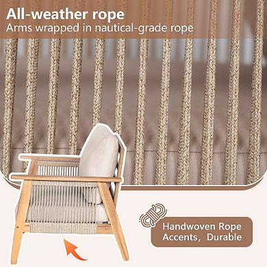 Eazegath 4-Piece Outdoor Wood and Rope Conversation Sofa Set with Cushions and Coffee Table