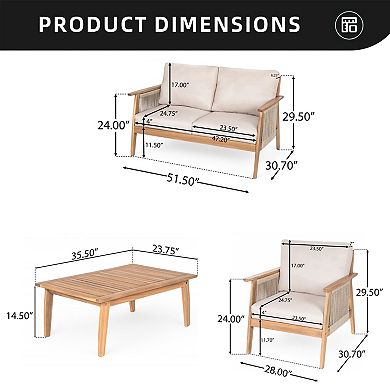 Eazegath 4-Piece Outdoor Wood and Rope Conversation Sofa Set with Cushions and Coffee Table